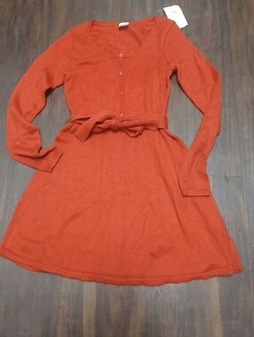 abercrombie kids Rust Orange Long-Sleeve Knit Button Dress with Belt